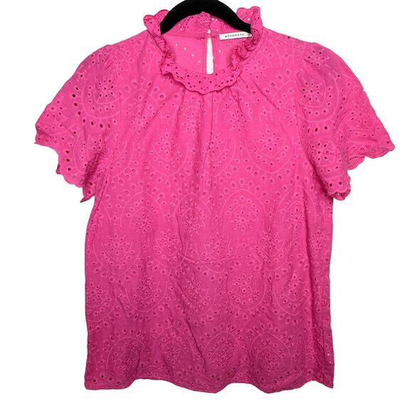 Staccato Pink Eyelet Lace Ruffle Neck Short Sleeve Blouse Top Small - Picture 1 of 8